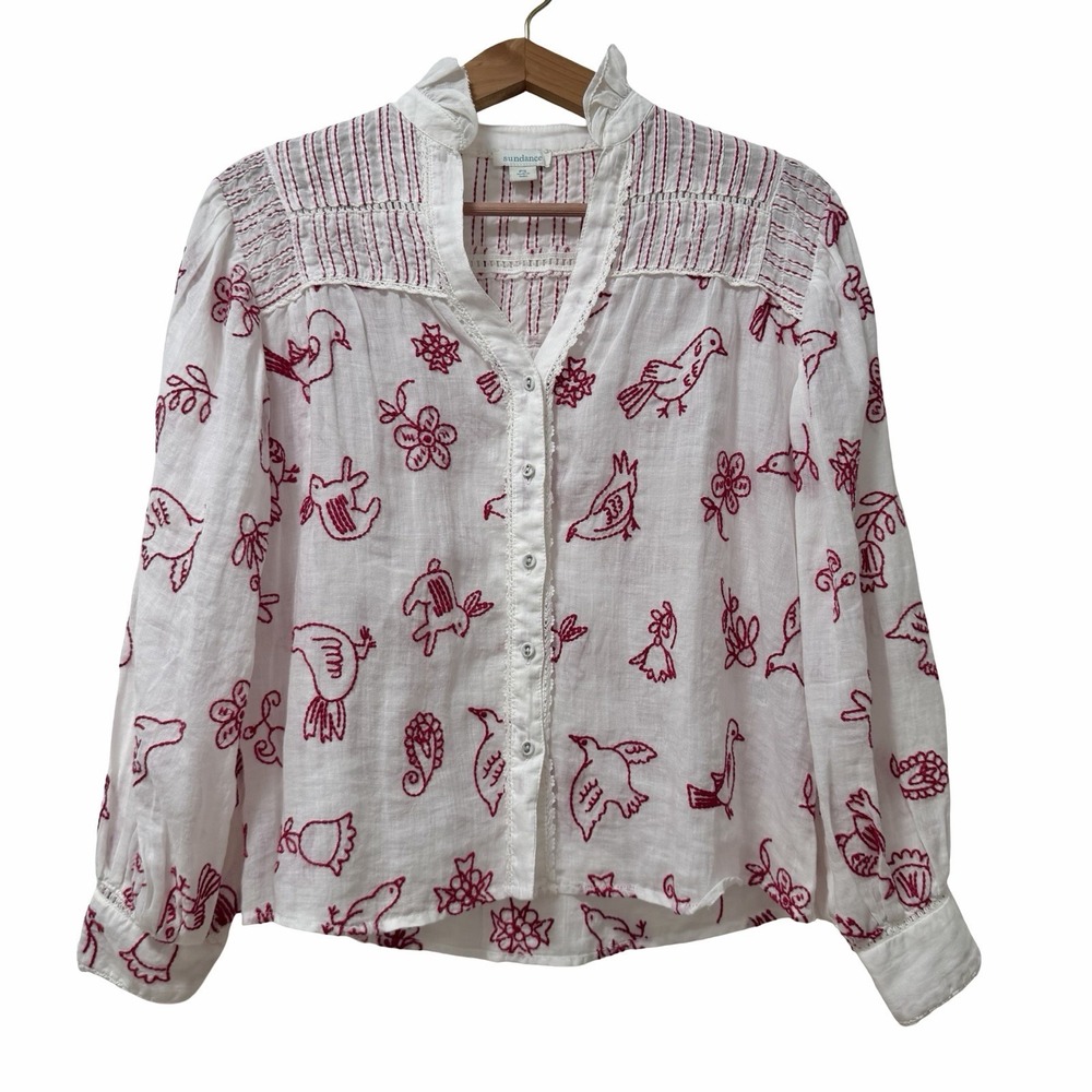 Sundance Womens Wind Rivers Ramie Embroidered Button V Neck Top Size SP White